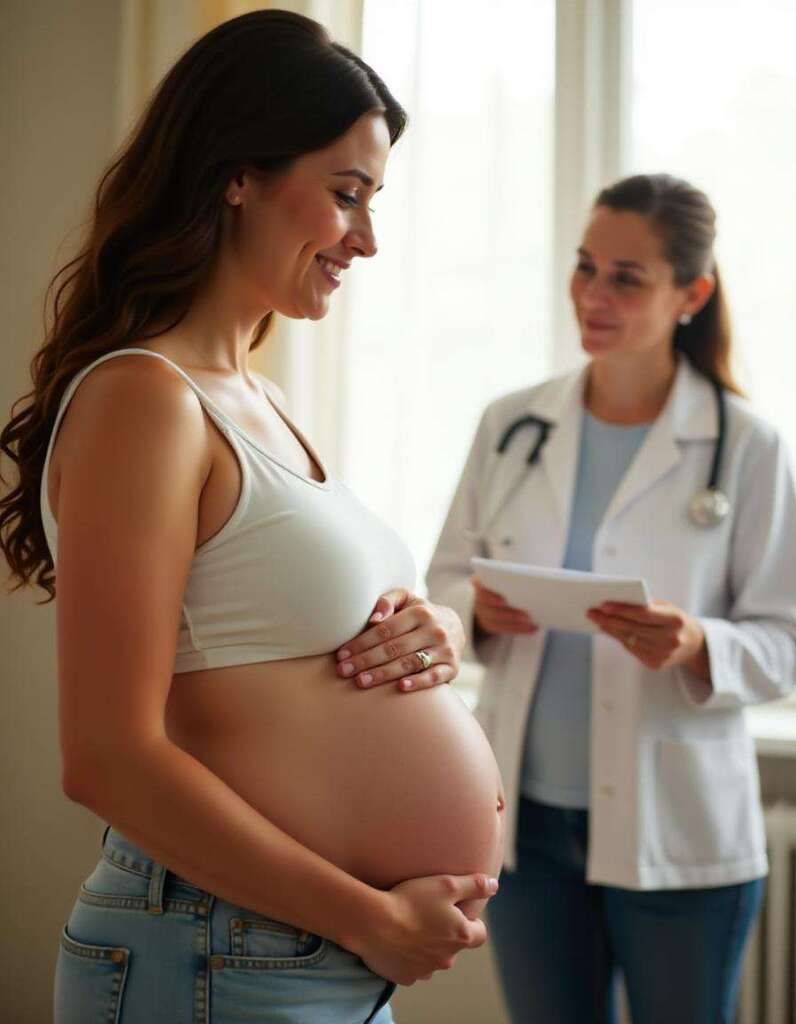 "Pregnant woman cradling her baby bump, smiling and enjoying a peaceful moment