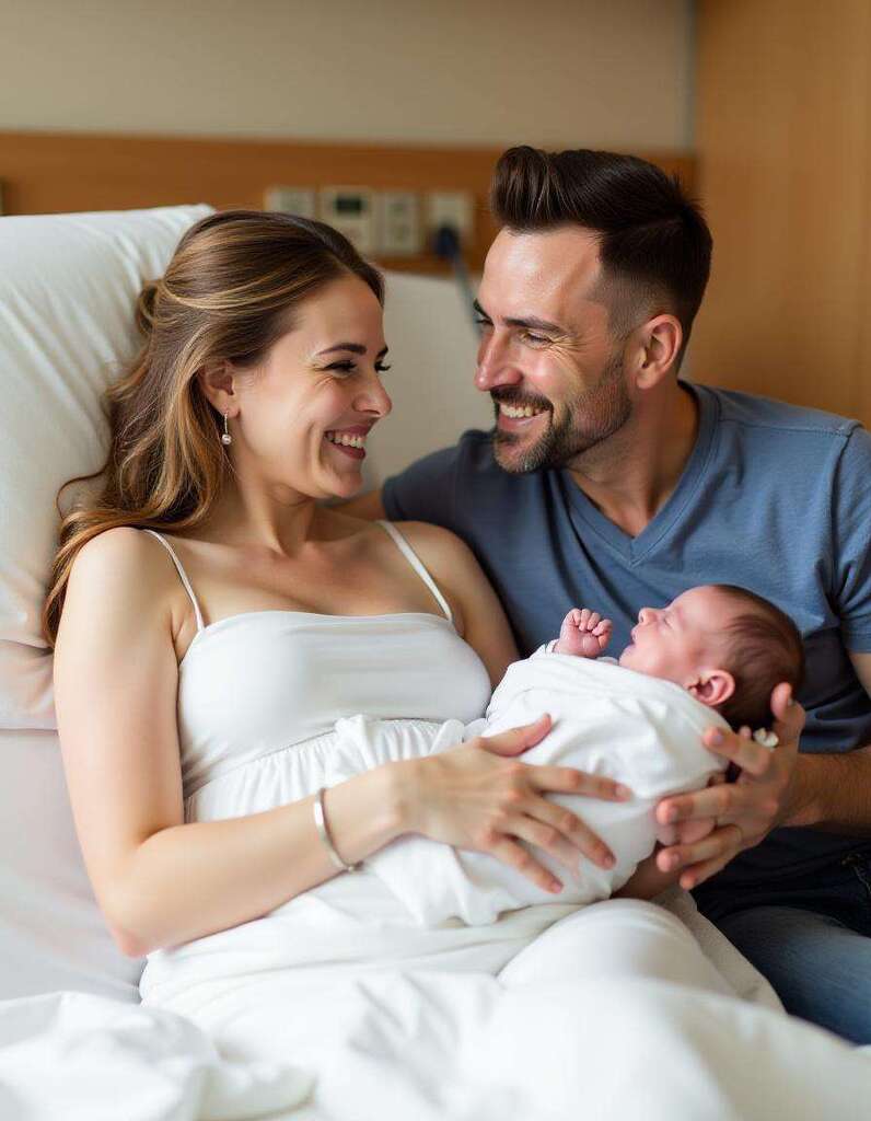 "Husband and wife smiling and holding their baby, enjoying a precious family moment together.