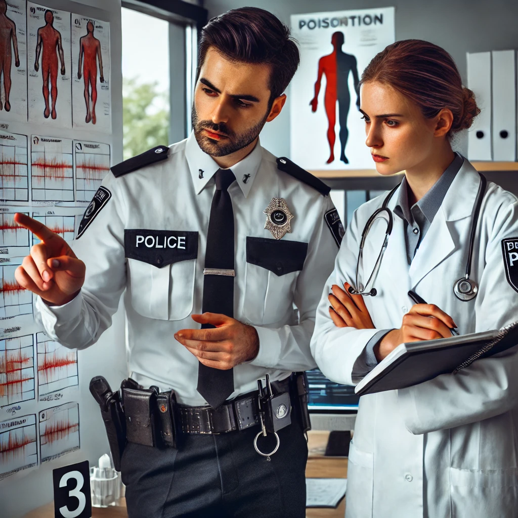 Police officer and doctor discussing details of a case